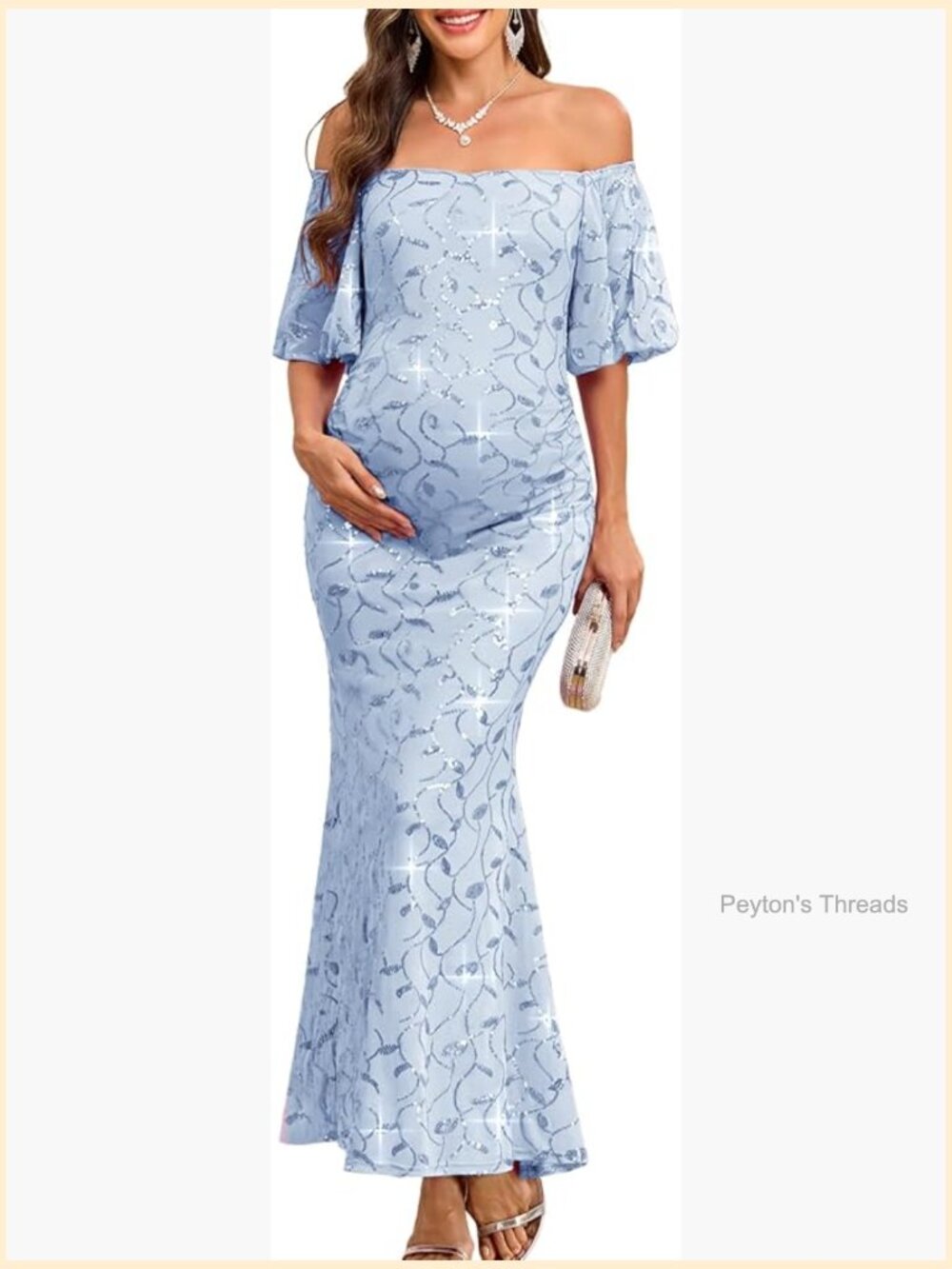Off-Shoulder Sequin Maternity Evening Gown Puff Sleeves Mermaid Maxi Dress
